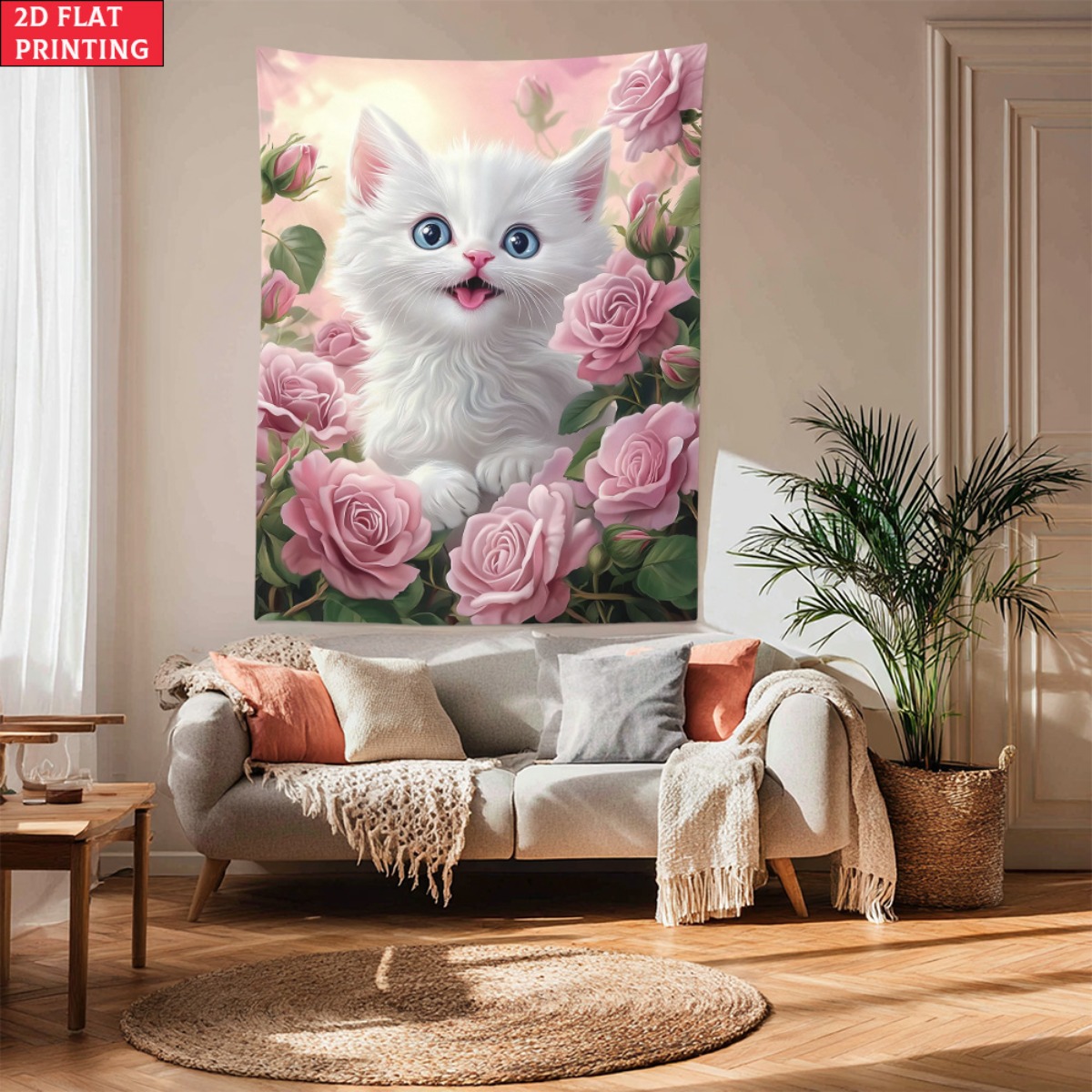 Baby Nursery Colors - Sevimli beyaz kedi yavrusu gül bahçesi