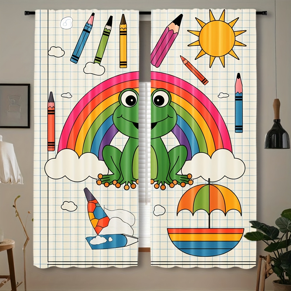 Baby Nursery Colors - Sevimli Gökkuşağı Kurbağa Perde pencere dekorasyonu