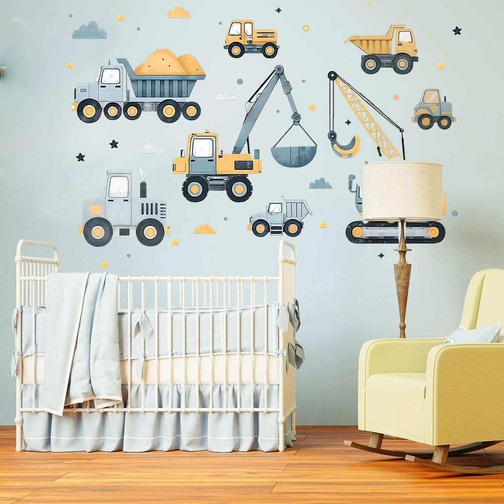 Baby Nursery Decals - Karikatür Ekskavatör Araçlar Set Araba Duvar