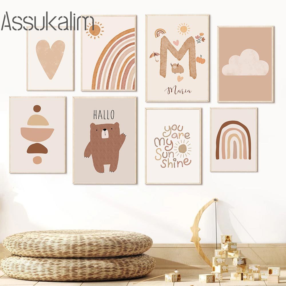 Baby Nursery Name Wall Art - Boho duvar sanatı bej tuval Poster