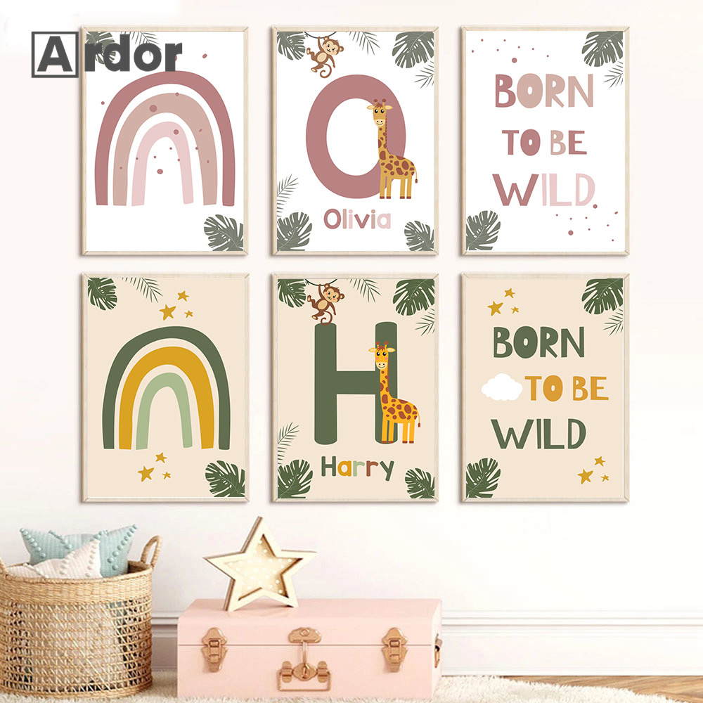 Baby Nursery Name Wall Art - Iskandinav Orman Hayvan Posterler Özel Ad