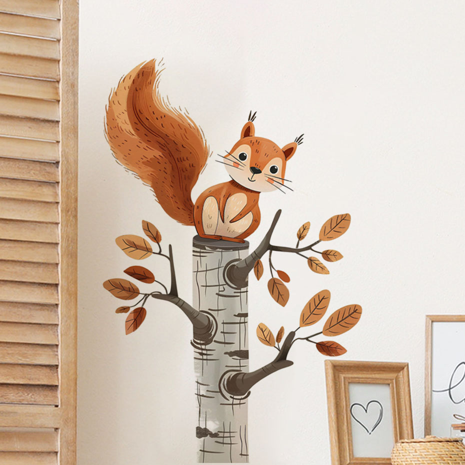 Baby Nursery Wall Decals - Karikatür Sincap Bir Ağaca Hayvanlar duvar