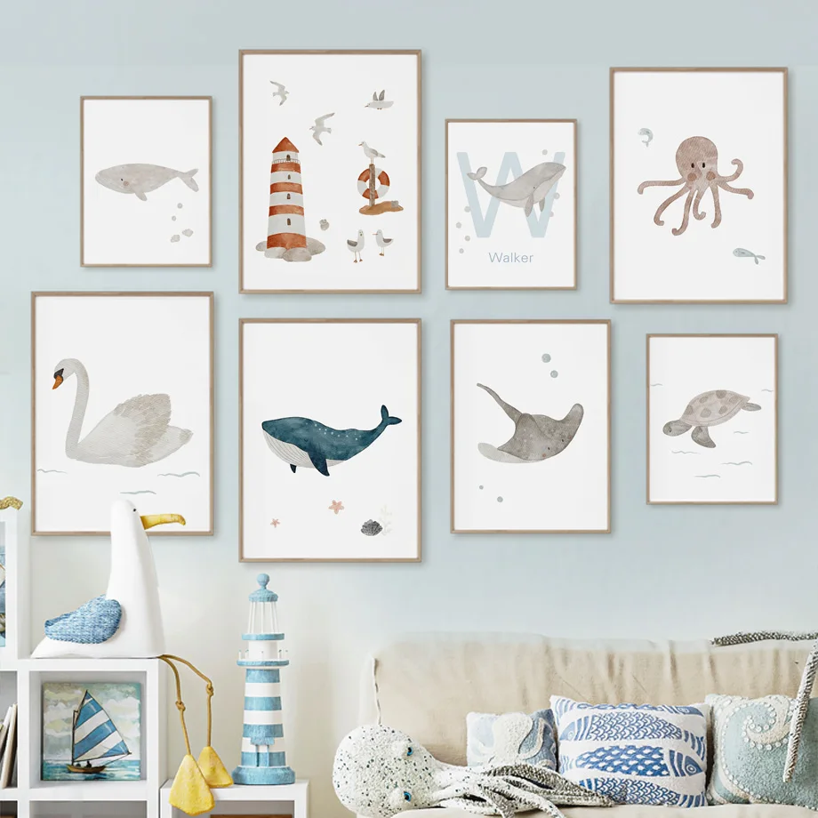 Baby Nursery Name Wall Art - Balina, Ahtapot, Kaplumbağa, Kuğu Deniz Hayvanı