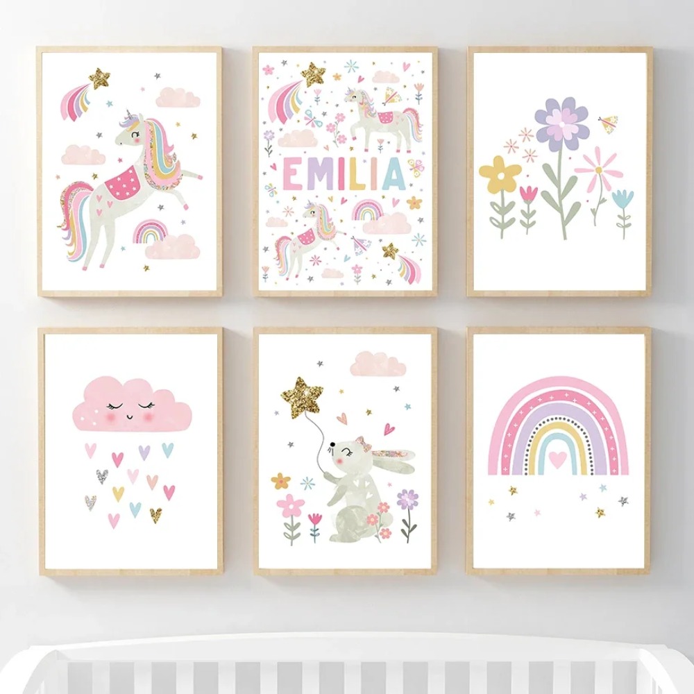 Baby Nursery Name Wall Art - Pembe Unicorn Tavşan Gökkuşağı Bulut Çiçek