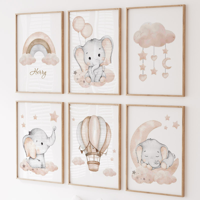 Animals Baby Nursery - Sevimli Fil Sıcak Balon Ay Gökkuşağı