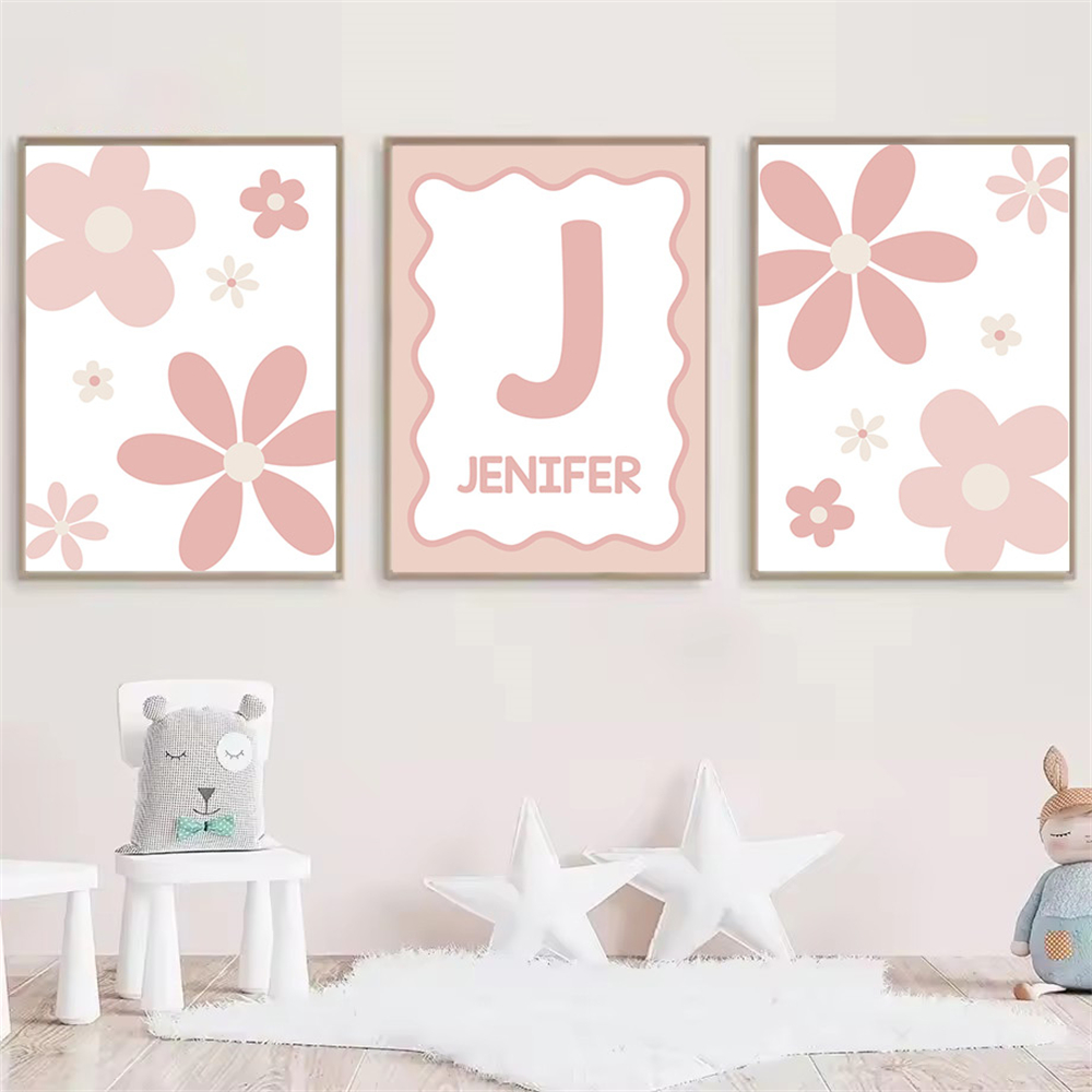 Baby Nursery Name Wall Art - Karikatür Pembe Papatya Posteri Özel Ad