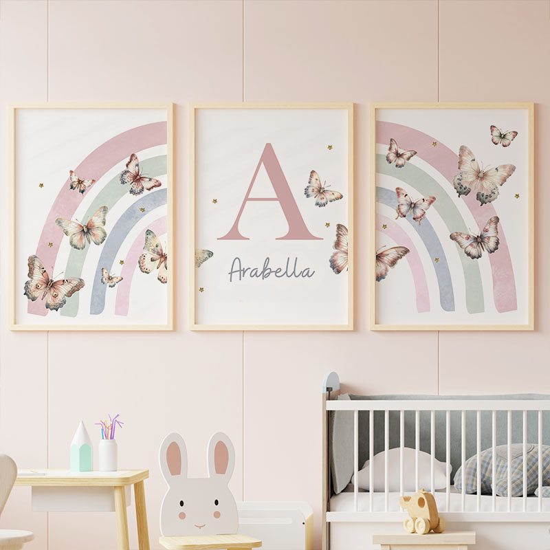 Baby Nursery Name Wall Art - Pembe Gökkuşağı Kelebek Özel Bebek Adı