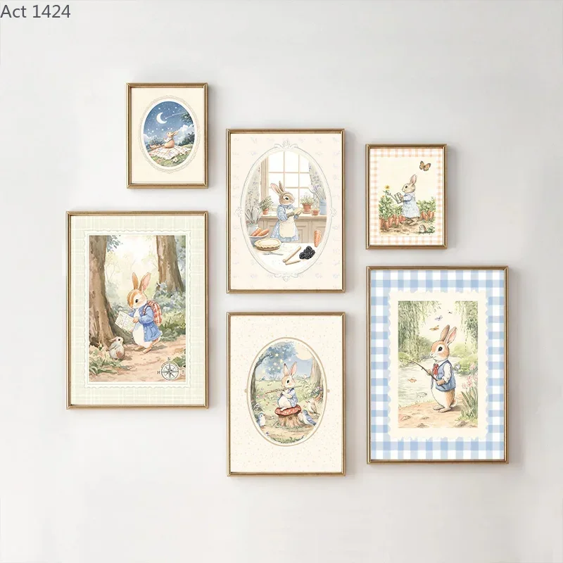 Baby Nursery Vintage Decor - Vintage Boho Mavi Ekose Tavşan Temalı
