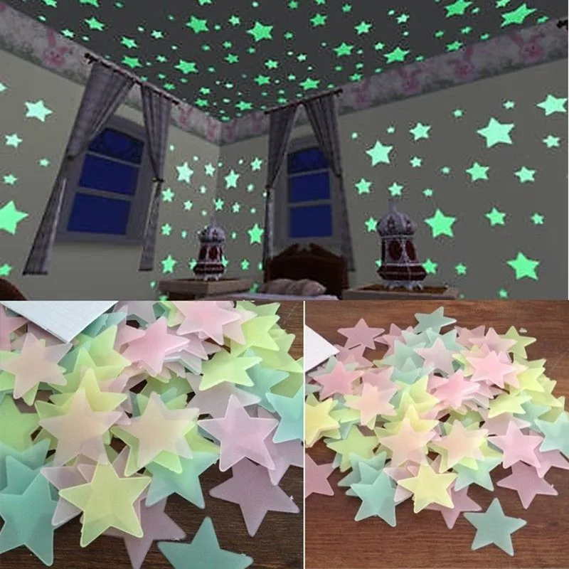 Baby Nursery Decals - 100 adet Floresan Karanlıkta Parlayan Yıldızlar